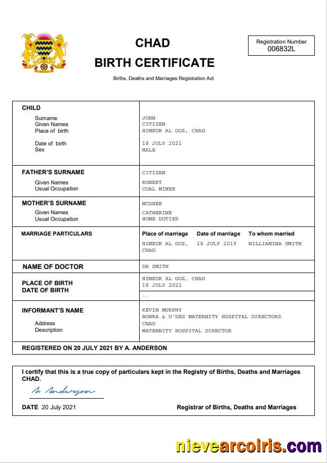 Chad birth certificate